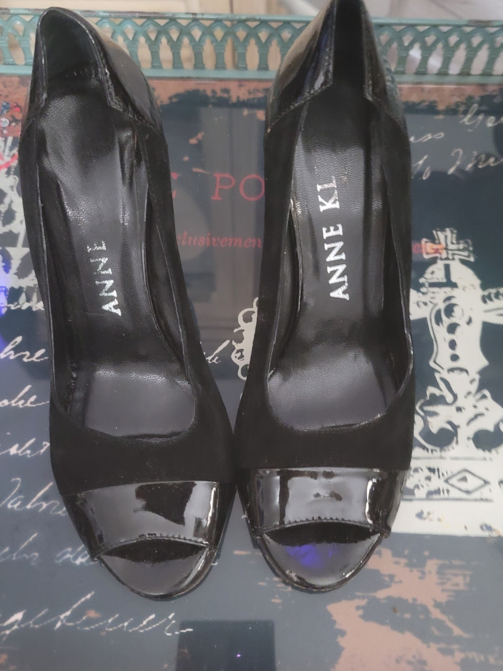 Anne Klein Black Patent and Suede Peep-Toe Pumps